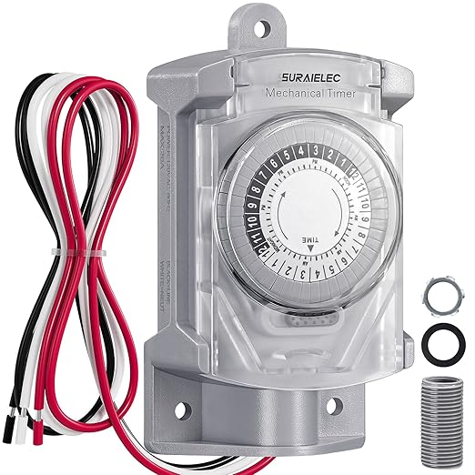 SURAIELEC 20 AMP 24 Hour Mechanical Timer Switch for Outdoor Electrical Boxes, 120V Power Control, for Waterproof Junction Box, RV Outlet, Driveway, Pool Light, Security System, Holiday Decorations