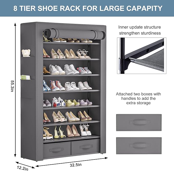 Shoe Rack Storage Cabinet 32 Pairs Organizer Shelf Tall for Shoes Large Free Standing Racks Vertical Shoe Holder Stand with Cover Two Boxes Closet