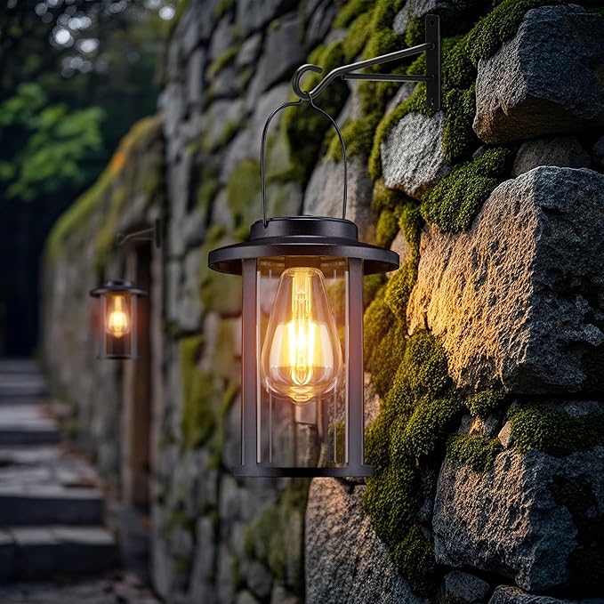 Larekook 2 Pack Solar Lanterns Outdoor Waterproof,High Brightness Hanging Solar Lights for Outside with Wall Mount Kit,Outdoor Decorative Lantern for Garden Patio Garage Porch Yard Decor