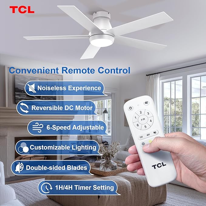TCL 52" Modern Ceiling Fan with Lights, 5 Blades, 6 Speeds DC Reversible, Dimmable, White Flush Mount for Bedroom, Living Room and Garage