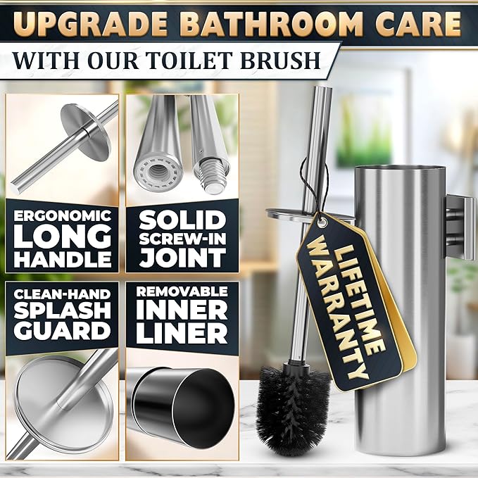 Silver Modern Toilet Brush and Holder Set with Wall Mount - Stainless Steel Toilet Brush with Holder - Removable Inner Bowl, Shiny Design, Splash Protection & Dense Bristles for Bathroom Cleaning