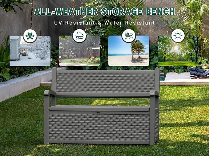 80 Gallon Outdoor Storage Box, Resin Patio Furniture with Armrest, Lockable Deck Box with Waterproof and UV Resistant for Patio Cushions, Garden Tools and Pool Supplies, Grey