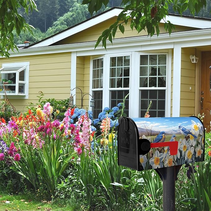 Spring Mailbox Covers Magnetic Oversized Summer Bluebirds Daffodil Post Letter Cover Floral Bird Mailbox Wraps Blue Sky Mail Box Decor for Garden Yard Large Size 25.5 X 21 Inch