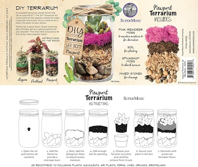 SuperMoss (90412) Terrarium Jar DIY Kit – Build Your Own Mini Garden in a Jar, Idea for Budding Gardeners, Creative Kids & Plant Lovers of All Ages, 32oz, Newport