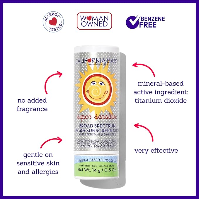 California Baby Super Sensitive SPF 30+ Sunscreen Stick | Unscented Baby Sunscreen for Face + Body | Travel Size Mineral | 0.5oz
