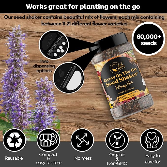Mini Wildflower Seed Shaker – Honey Bee Wildflower Mix, by GevaGrow | Bulk 90,000+ Seeds | Pollinator Bee Attracting Flower Seeds for Planting in Pots & Outdoor Gardens | No Messy Packets