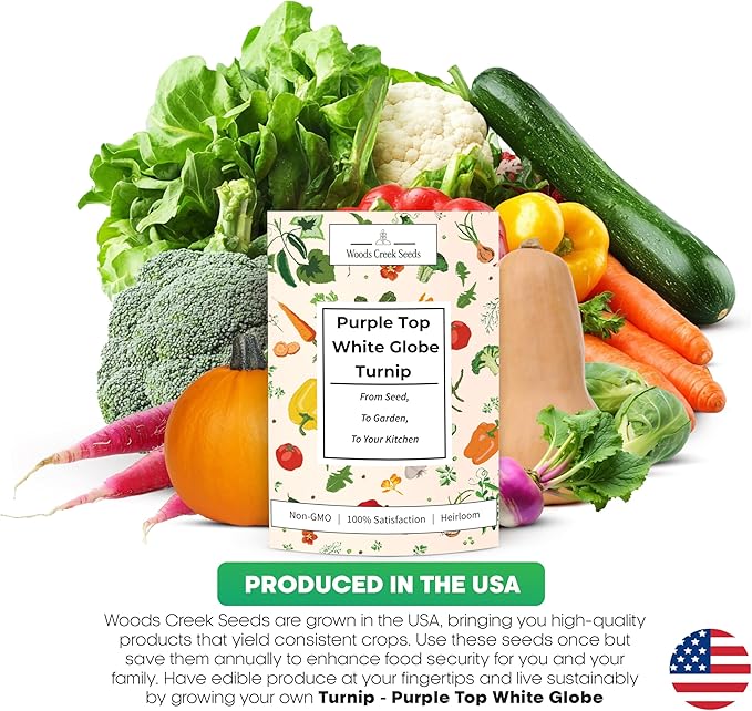 Woods Creek Seeds: Purple Top White Globe Turnip Seeds for Planting - Heirloom Root Vegetable Variety - Fast Growing Turnips with Edible Greens - Non-GMO Garden Seeds for Fall or Spring