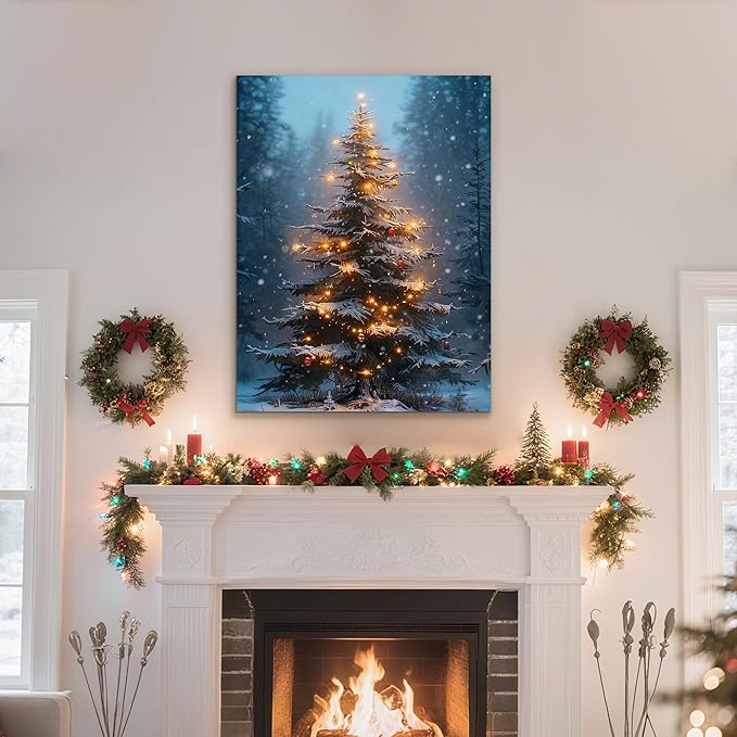 Framed Christmas Pictures Wall Decor,Vintage Pine Tree Prints,Winter Christmas Canvas Wall Art Decoration for Bedroom Bathroom Living Room Rustic Xmas Holiday Gifts (Christmas Tree 3, 16'' X 20'')