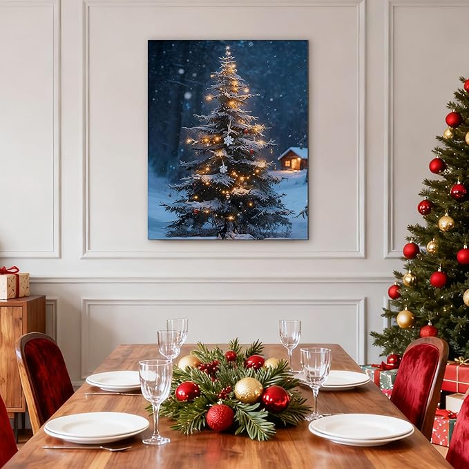 Framed Christmas Pictures Wall Decor,Vintage Pine Tree Prints,Winter Christmas Canvas Wall Art Decoration for Bedroom Bathroom Living Room Rustic Xmas Holiday Gifts (Christmas Tree 19, 16'' X 24'')