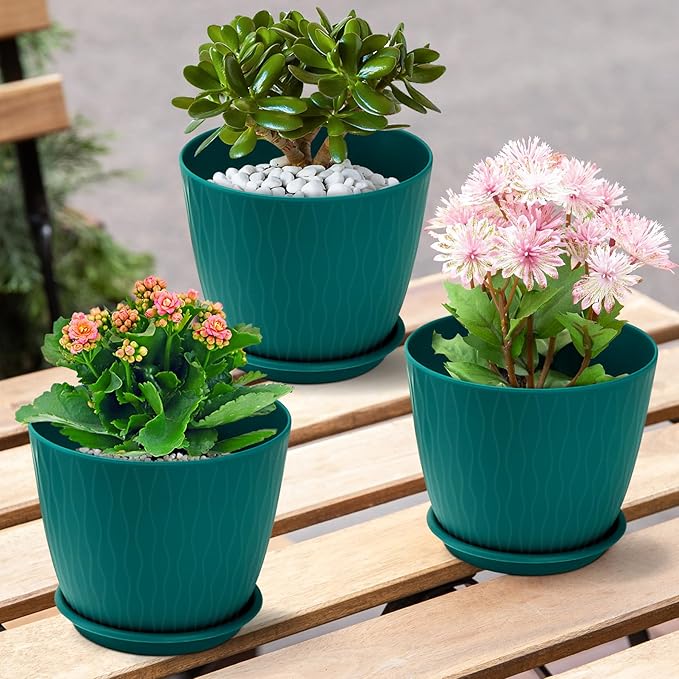 Plant Pots – 6 Inch Planters with Drainage Holes and Saucers, Flower Pots for Indoor and Outdoor Plants, Nursery Planting Pots (Pack of 5, Teal)