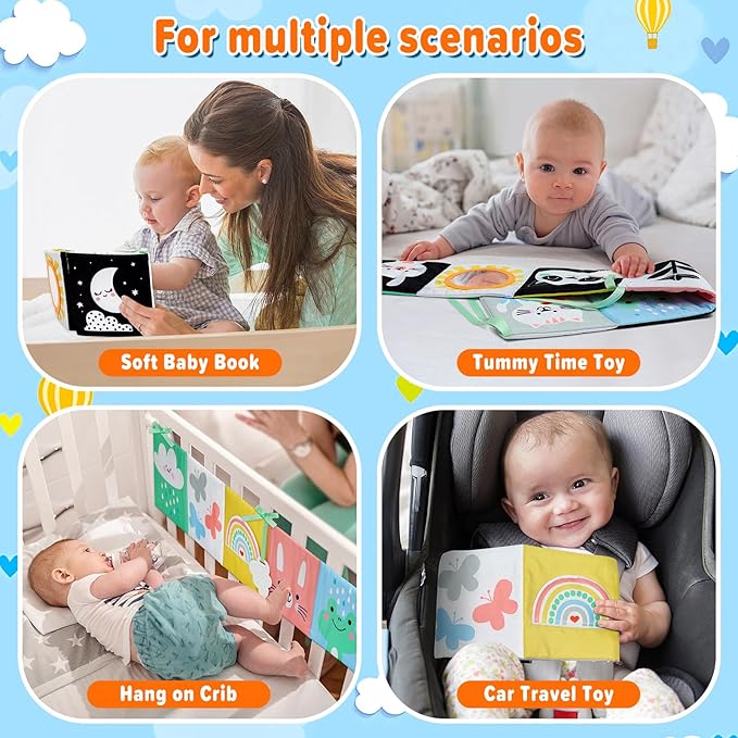 OKOOKO Black and White Baby Book, High Contrast Toy, 0-6 Months Baby Soft Book Tummy Time Montessori Sensory Toy for Stroller Early Education for 0-6 6-12 Months Newborn Infant