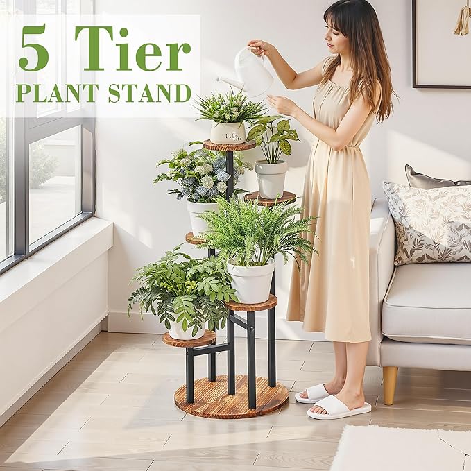 VECELO 5 Tier Plant Stand Indoor Outdoor, Tall Metal Wood Flower Shelf for Multiple Plants, Small Tiered Round Corner Display Rack, Planter Pot Holder for Patio Garden Balcony Living Room Bedroom