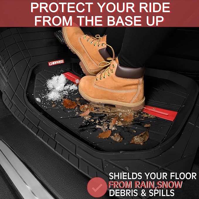 CAR PASS Tire Tread DeepDish Rubber Floor Mats for car Heavy Duty car mats All Weather, Universal XL~M Trim to Fit for Truck SUV Vehicle Automotive, Waterproof car mats 3 Piece (red Black)