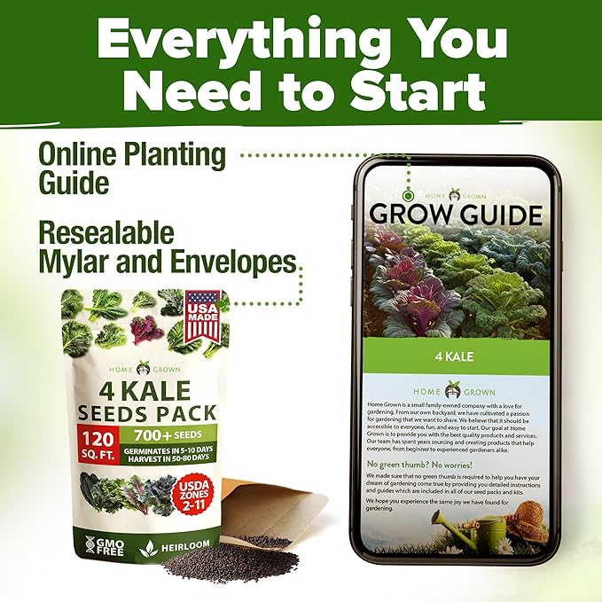 HOME GROWN Heirloom Vegetable Seeds Vegetable Seeds for Planting Home Garden, Beans, Carrots, Peppers, Cucumber, Kale, Pepper Seeds, Tomato (4 Kale)