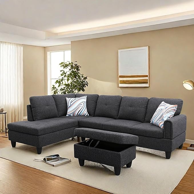NAYSAYE Sectional Couch with Ottoman Storage, L Shaped Couch Sofa Furniture Sets, Modern Comfy Modular Comfy Sofa for Living Room Bedroom, Office and Apartment, Black