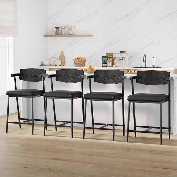 GarveeHome Counter Height Bar Stools Set of 2 with Arms, 26" Upholstered Modern Bar Stools Set with Wood Back & Footrest for Kitchen Island, Counter Bar, Wider Seat, Easy Assembly,Retro Black
