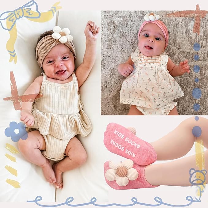WillingTee Baby Girl Headband and Socks, Non-Slip Floral Socks and Soft Floral Nylon Hairbands for Babies Infants and Toddlers 0-12 Months