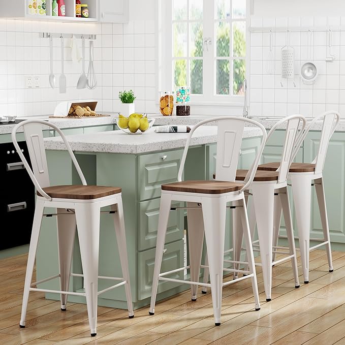 Yongqiang 30 inch Bar Stools Set of 4 Farmhouse Bar Height Stools High Back Kitchen Bar Chairs Cream White Metal Barstools with Large Wooden Seat