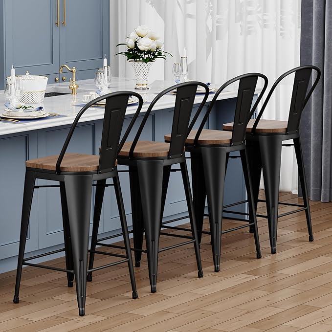 Yongqiang Barstools Set of 4 Counter Height Bar Stools for Kitchen Island Farmhouse Metal High Back Bar Chairs Wooden Seat 24" Matte Black
