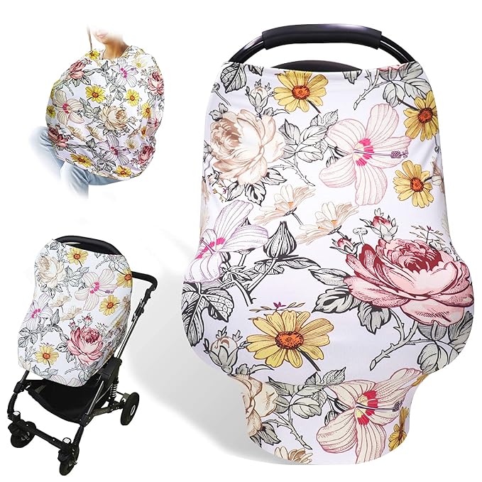 Floral Baby Car Seat Cover Girls, Infant Carseat Canopy,Pink Infant Car Seat Head Body Support Pillow