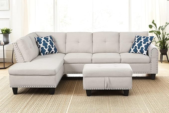 98 Inch L Shaped Sectional Sofa with Chaise Lounge, Storage Ottoman and 2 Pillows, 4-Seaters Linen Upholstered Tufted Couch w/Cupholder & Nailhead Trim for Living Room, Office, Beige