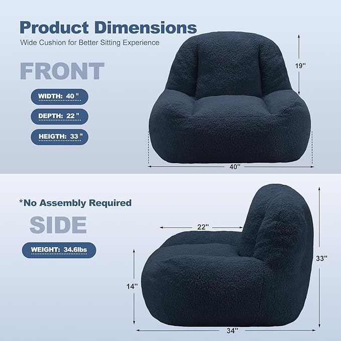 Homguava Bean Bag Chairs for Adults,Giant Beanbag Couch Adult Bean Bag Chair with Filler Included,Modern Lazy Sofa Comfy Chair for Living Room(Blue)