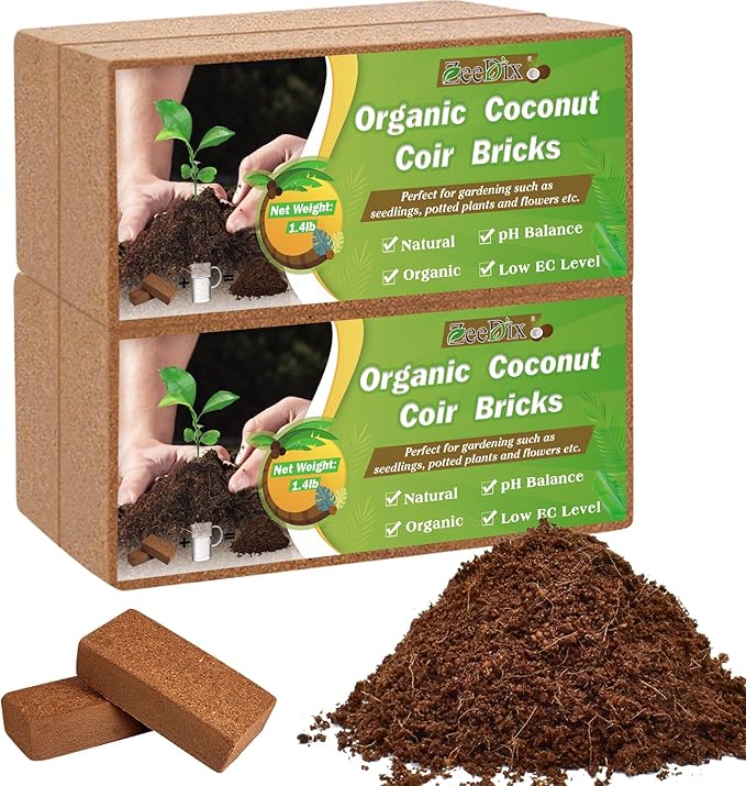 ZeeDix 4 Pcs Premium Coco Coir Brick - 100% Organic Compressed Coconut Coir Starting Mix, Coco Fiber with Low EC and PH Balance for Gardening, Potting Soil, Herbs