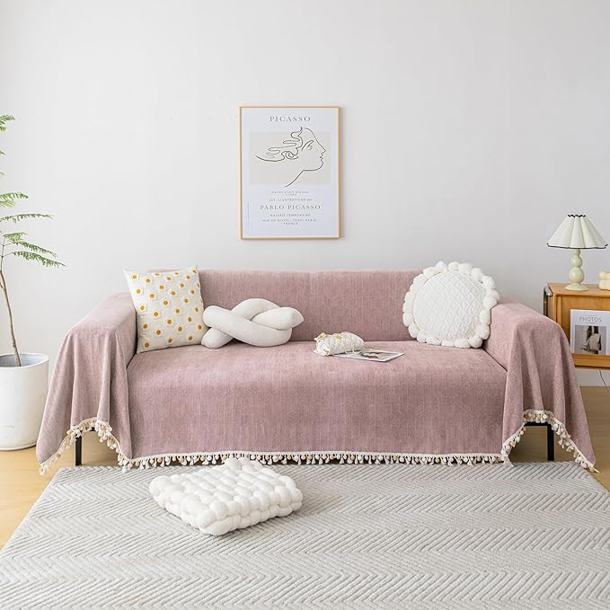 HANDONTIME Solid Boho Sofa Cover for 3 Cushion Couch - Pink-Purple Chenille Throw With Tassels for Dogs, 91" X 150" - Mauve