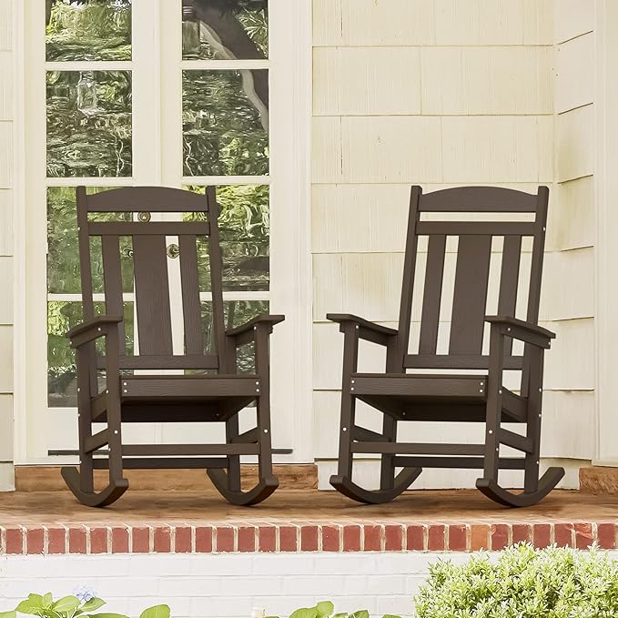 LUE BONA Outdoor Rocking Chairs Set of 2, Weather Resistant HDPS Poly Rocker Chairs, 350lb Heavy Duty, Oversized Porch Rocker for Adult, High Back Smooth Rocking Chair for Outdoor & Indoor, Brown
