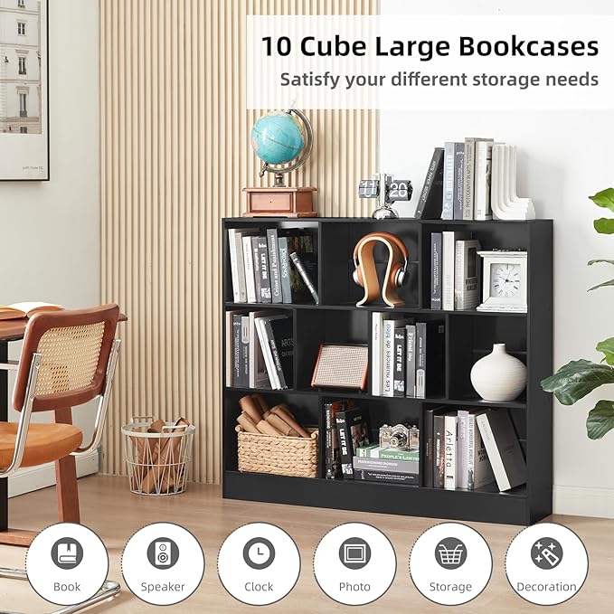 YAHARBO Black Wide Bookshelf,3 Tier Modern Horizontal Bookcase,Wood Low Bookshelves Display Storage Cabinet with Base,Floor Standing 10 Cube Large Bookcases Organizer for Bedroom,Living Room,Office