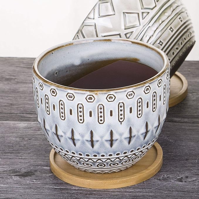 VanEnjoy 5.5 inch Large Round Bohemian Style Ceramic Planter, Geometry Engrave Off White Brown Succulent Planter Flower Pot, Indoor Outdoor Decorative Planter
