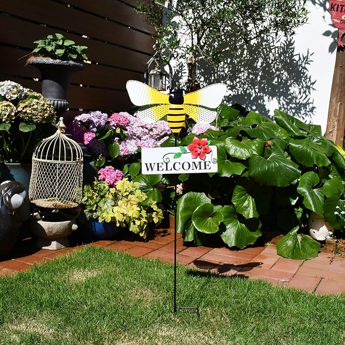 Veclotch 30"" H Metal Bee Garden Stake,Rustic Bee Decorative Yard Stakes Metal Yard Art Ornaments Welcome Sign Outdoor Spring Garden Decor for Patio Lawn Porch Pathway Decor