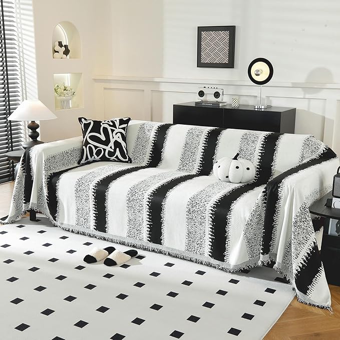 LUFEIJIASHI Boho Couch Covers for Sofa Non Slip Sofa Covers Washable Couch Covers for 3 Cushion Couch Sofa Pet Friendly Sectional Couch Cover Blanket Furniture Protector for Dogs (Black, 91"x134")