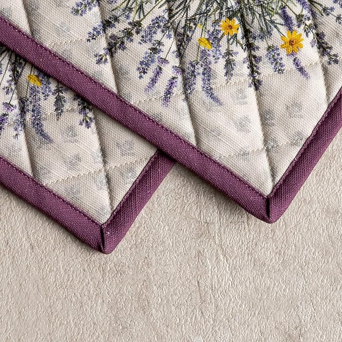 Maison d' Hermine Pot Holders Set 100% Cotton Heat Resistant Potholders 8" x 8" Hot Pads with Loop BBQ, Cooking, Baking, Grilling, Kitchen, Handling Hot Pans Spring/Summer (Pack of 2, Fanny Lavender)