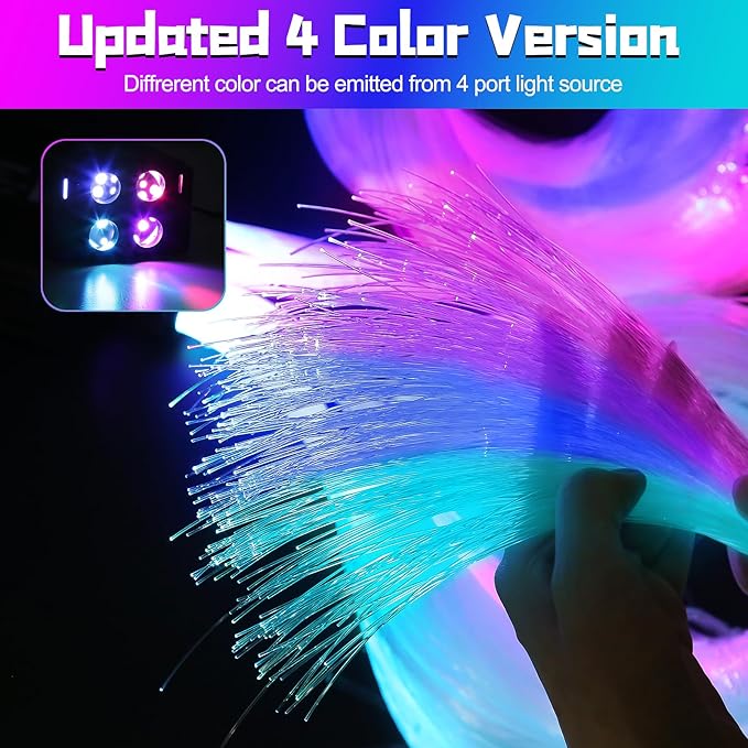 4 Colors 32W Twinkle Car Starlight Headliner Kit 700pcs*0.03in*13.1ft with APP&RF Remote,RGBW Fiber Optic Strands Star Roof Lights,4 Port Engine Sound Activated Ceiling Star Lights for Home/Car Decor