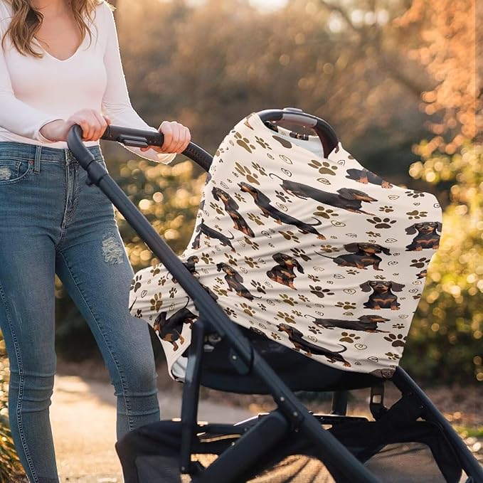 GIFTPUZZ Cute Dachshund Baby Car Seat Covers, Nursing Cover Breastfeeding Soft Infant Carseat Canopy, Stretchy Breathable Cover for Stroller High Chair, Shopping Cart Canopies Newborns Gifts
