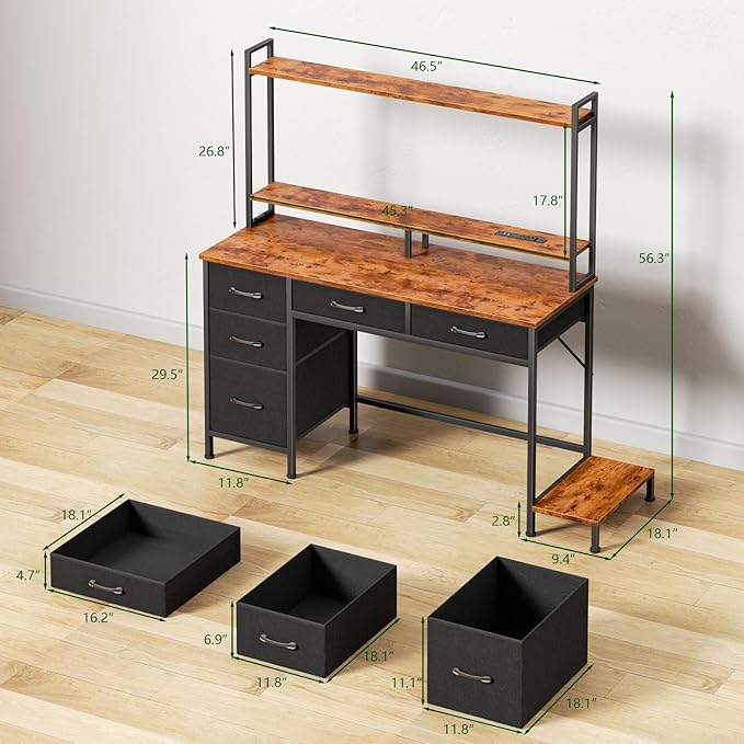 Computer Gaming Desk with Hutch, Home Office Desk with Power Outlets, LED Light, 5 Storage Drawers, 2 Tiers Shelves for Display, 47 Inch Modern Study Writing Table for Bedroom, Rustic Brown