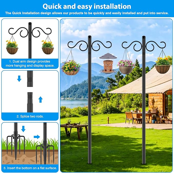 Adjustable Shepherd Hooks for Outdoor,2 Pack 55 Inch 5 Prong Base Bird Two Sided Feeder Poles,Heavy Duty Shepherds Hook,Suitable for Garden in Hanging Flower Basket,Lantern,Bird Nests