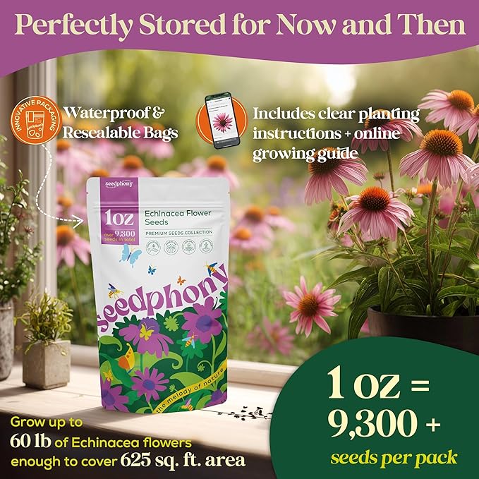Echinacea Seed Pack 1 oz - 9,300 Non-GMO Heirloom Echinacea Seeds for Planting, Perennial Flowers in Waterproof Seed Packet, Coneflower Seeds for Planting Garden Indoor & Outdoor Gardening