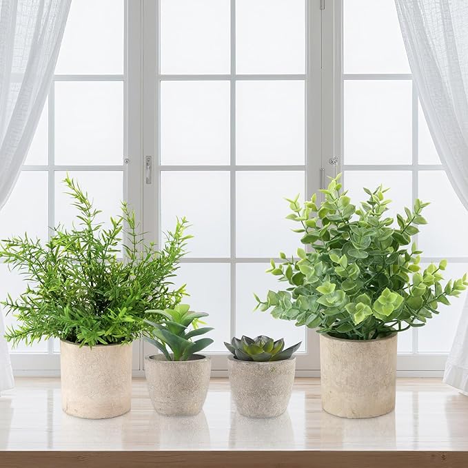 ALAGIRLS 4 Pack Small Fake Plants, 10" Artificial Plants Indoor Eucalyptus/Rosemary/Succulents, Small Faux Plants in Pulp Pot for Bathroom Bedroom Kitchen Office Living Room Decor