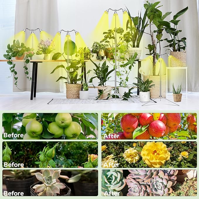 Full Spectrum Grow Lights for Indoor Plants 15-62 Inches Height Adjustable Aluminum Alloy Plant Growing Lamps with Detachable Tripod Stand, Auto On/Off Timer (Full Spectrum, Three Heads)