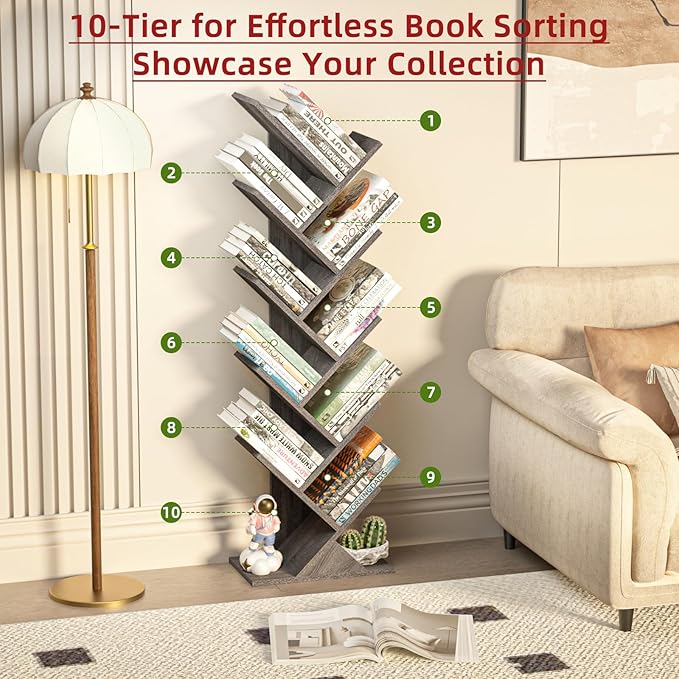 10 Tier Tree Book Shelf, Floor Standing Wood Bookshelf for Narrow Space, Storage Organizer Bookshelves for Books/CDs/Magazine, Bookcase with Shelves for Home Office, Living Room - Light Grey