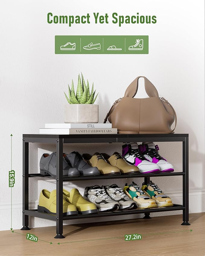 3-Tier Shoe Rack Bench - Entryway Organizer with Shoe Storage, Sturdy Shoe Shelf for Front Door, Small Space Saving Furniture, Black, Holds 286lbs,27.2" x 12.0" x 15.9"
