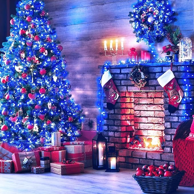 Extra Long 132ft Christmas Decorative Mini Lights, 400 LED Green Wire Fairy Starry String Lights Plug in, Timer & Memory & 8 Modes, for Indoor Outdoor Xmas Tree Wedding Party Decoration,Blue