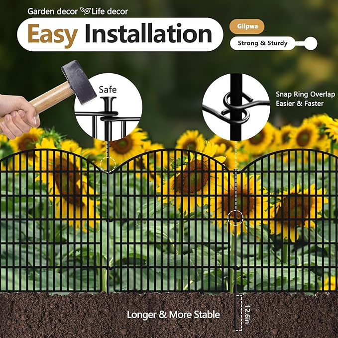 10 Panels No Dig Decorative Outdoor Garden Fence for Yard, 33in (H) x 24ft (L) Animal Barrier Fencing Rustproof Metal Panel Border for Dog, Rabbits Patio Camping Temporary Ground Stakes