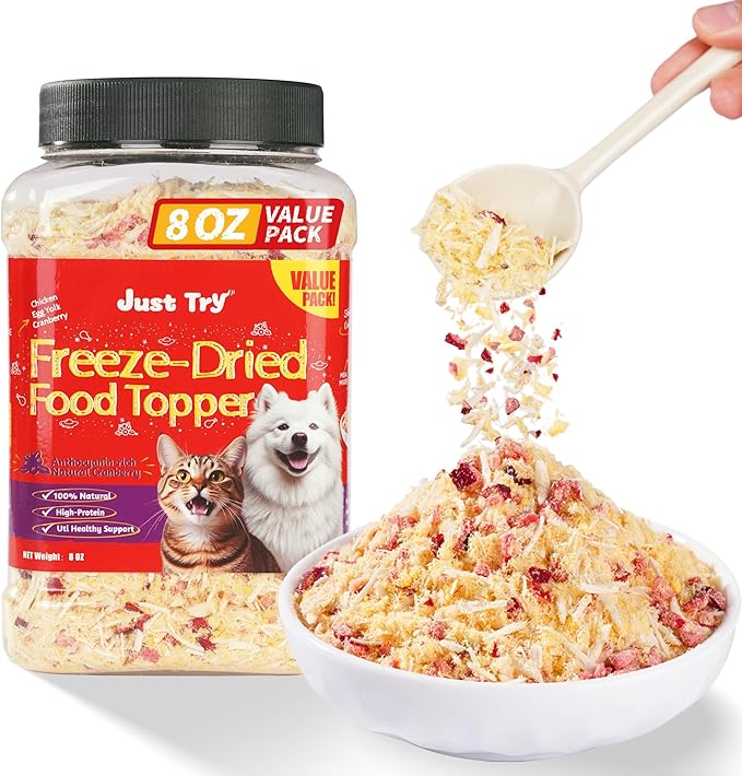 Just Try 8 OZ Cranberry Freeze Dried Cat & Dog Food Toppers Urinary Tract Cat Treats Mixers Low Calorie Chicken Egg Yolk High Protein for Kidney Bladder UT Support
