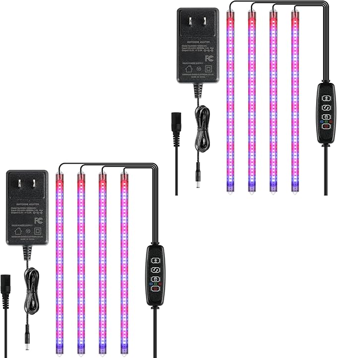 iPower 2Pack 60W LED Grow Lights with Full Spectrum Plant Growing Light Strips for Indoor Plant with Auto ON/Off 3/9/12H Timer, 10 Dimmable Levels 48 LEDs Per Tude, 4 Tubes, Red&Blue