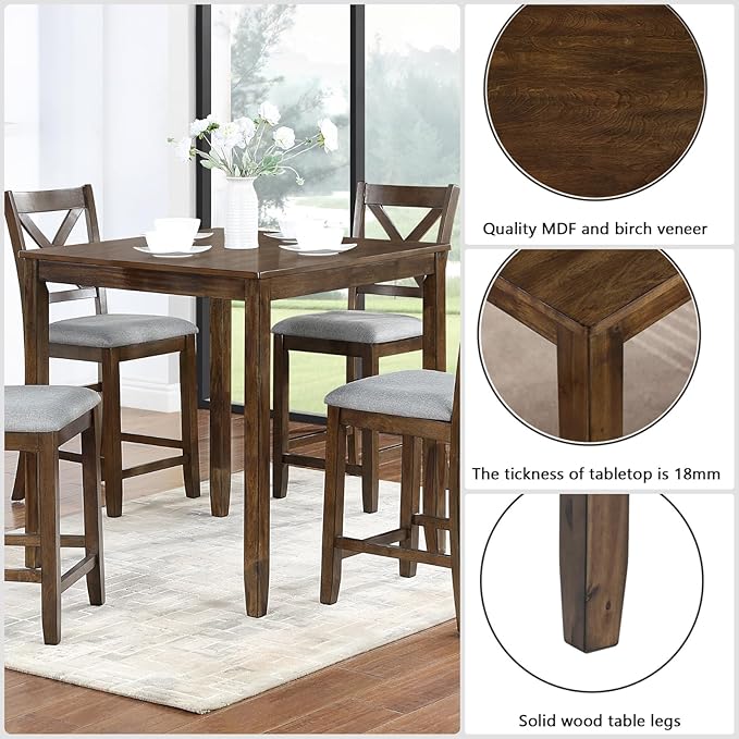 Dining Table Set for 4, Modern 5 Piece Dining Room Table Set with Square Table & 4 X-Shaped Backrest Upholstered Chairs, Counter Height Kitchen Chairs Set for Small Space, Walnut