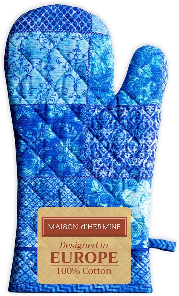 Maison d' Hermine Oven Gloves 100% Cotton Oven Mitt 7" x 13" with Loop Heat Resistant, BBQ, Cooking Gloves, Baking, Grilling, Kitchen, Handling Hot Pans Spring/Summer (Pack of 1, Indigo Love)