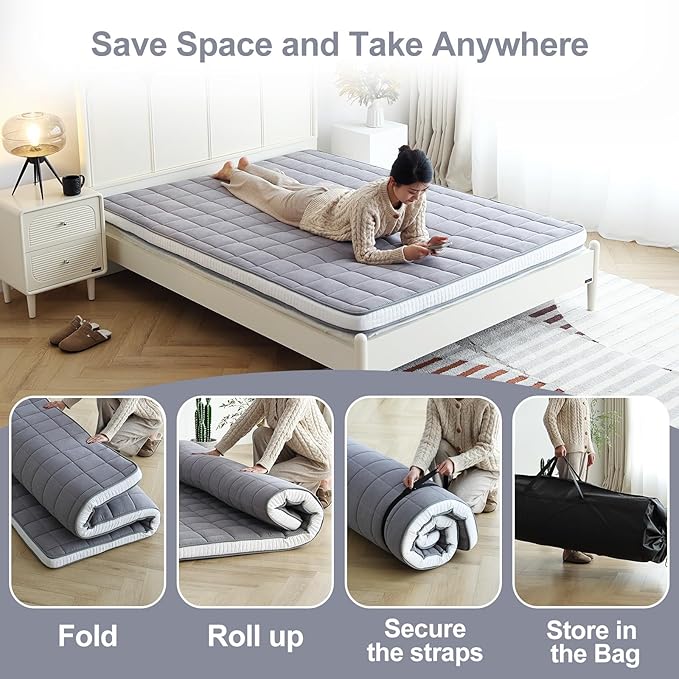 Tiita Japanese Floor Mattress Futon Mattress 4” Thick Folding Roll Up Sleeping Pad with Bag & Strap, Bed Topper Mat for Guest, Lounger and Tavel, Gray,Full Size